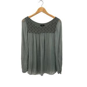 Cosmo Silk Sage Green Sheer Long Sleeve Crew Neck Lace Panel Blouse Size Small